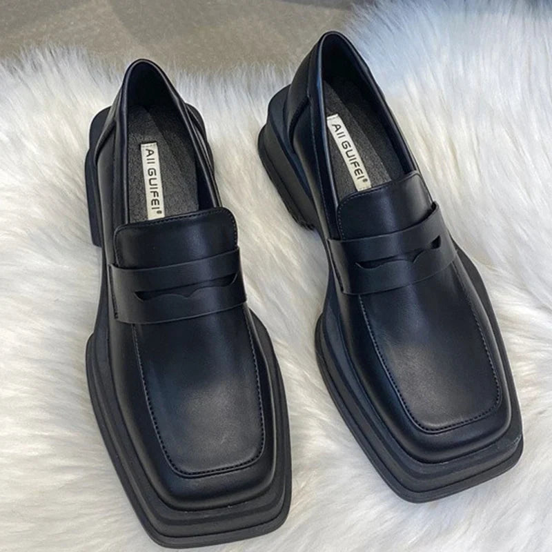 Futurecen  Style Square Toe Loafers Women 2023 Spring Patent Leather Platform Pumps Woman Slip On Thick Heels Oxford Shoes Jk Shoes