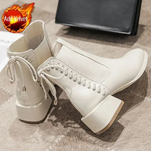 Short Shoes for Women Punk Style Booties with Laces Female Ankle Boots Elegant Medium Heels Footwear Lace-up Chelsea Combat Boot