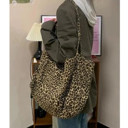 binfenxie Vintage Leopard Print Tote Bag Handbag Women Retro Large Capacity Casual Shoulder Bags Female Harajuku Canvas Y2k Bags