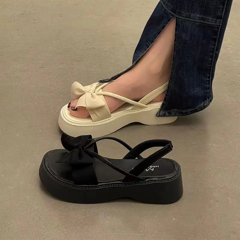 Women's Shoes Beach Sandals for Woman with Medium Heels Footwear Round Toe Tip Summer Platform Bow Beige Sale on Offer H F