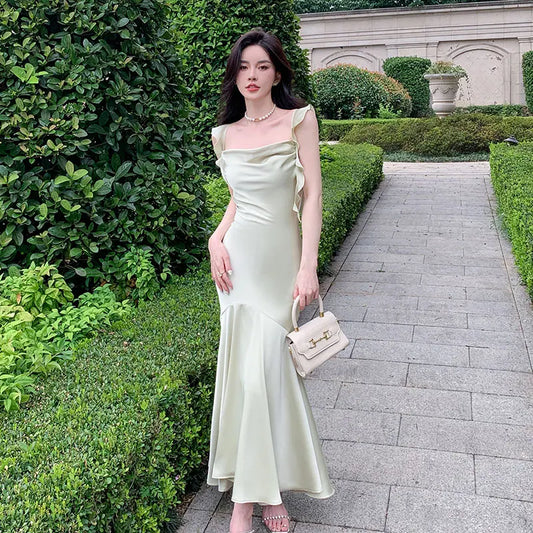 Elegant Fashion Sleeveless Satin Long Dresses for Women Summer New Beach Strap Ruffle Mermaid Evening Party Female Clothing