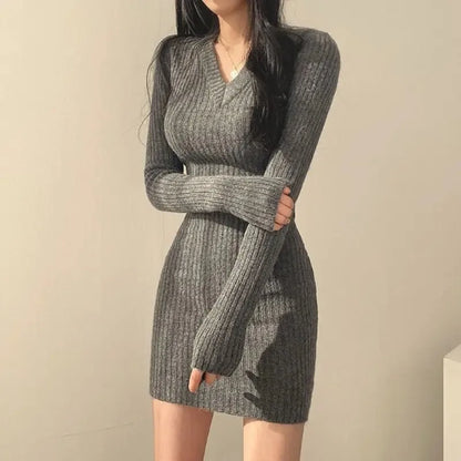 binfenxie Women Knit Slim Sexy Bodycon Dress V-Neck Long Sleeve Dress Solid Casual Midi Sweater Dress For Women Autumn Winter