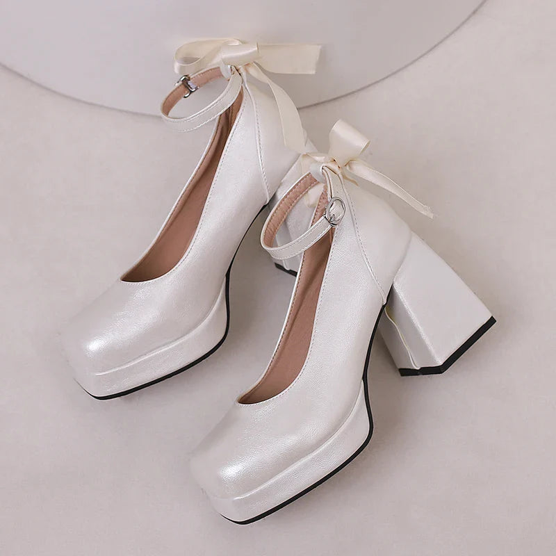 Futurecen Butterfly Knot Square Toe Thick Sole Chunky Heels Women Pumps Solid Color Buckle Strap Mary Janes New Fashion Sweet Ladies Shoes