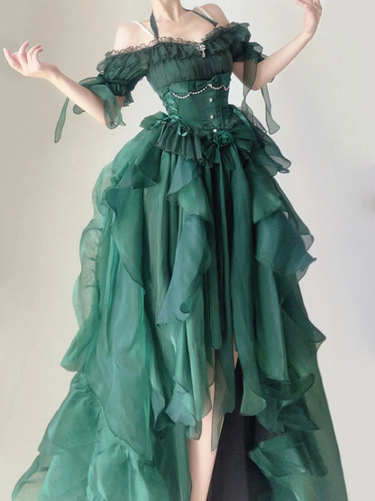 Green Flower Wedding Dress Cos Lolita Dress Op Dress Lolita Heavy Industry Trail Puffy Princess Dress, Lolita Cosplay