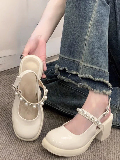 binfenxie  -   Summer Basic Non Slip Elegant Sandals Women Casual Square Toe Vintage Pumps Office Lady Comfort Fashion Medium Heels Shoes