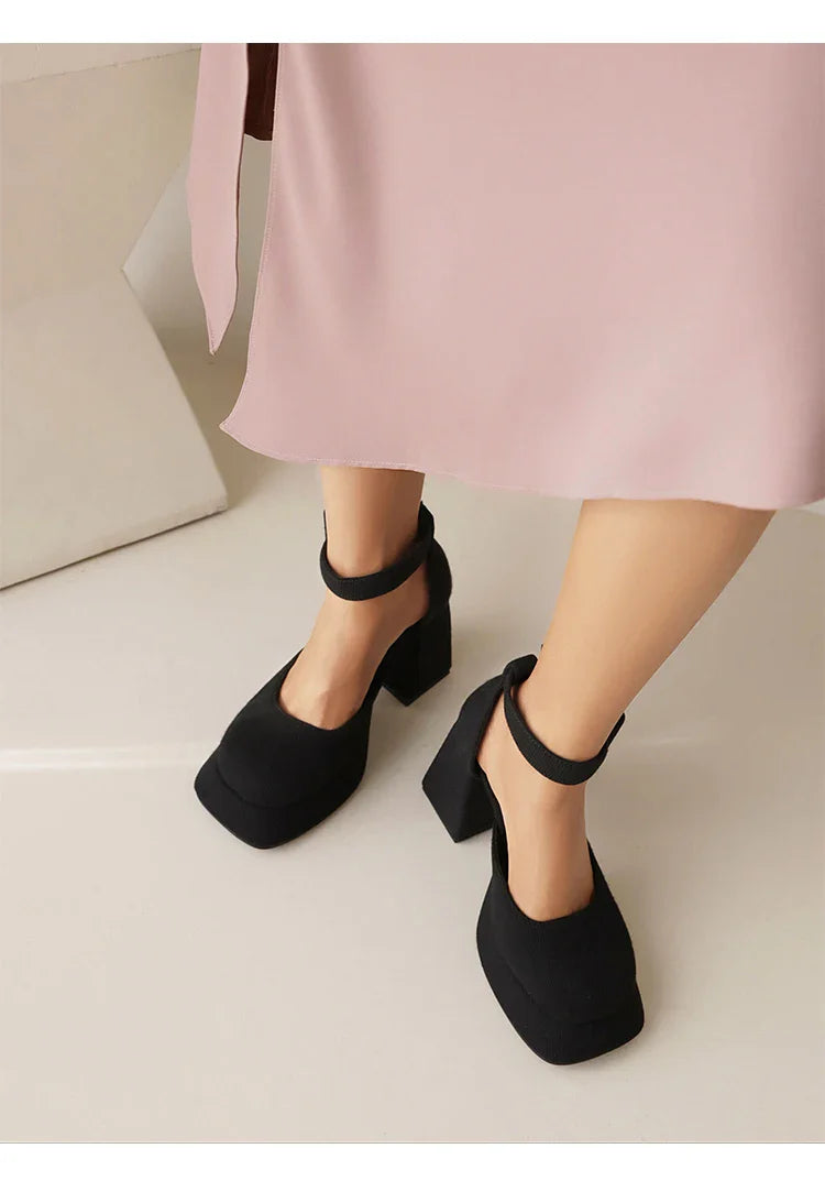 Striped Corduroy Material With Side Hollowed Out Women's Sandals Round Flat Toe Platform Shallow Square Buckle High Heels