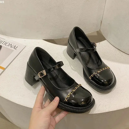 Women's Summer Footwear on Heeled Round Toe Shoes for Woman Gothic Mary Jane Pumps High Heels Normal Leather Casual Black a