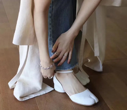 Summer Women Mary Jane Real Pig Leather Shoes High Heels Round Heel Shoes Ballet Ankle Strap Pumps Ninja Split Toe Sandals