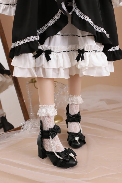 Futurecen Classic Bow Lolita Shoes Sweet Lace back zipper Ankle Strap Spike Heel Pumps Female Cosplay Party Ruffles Princess High Heels