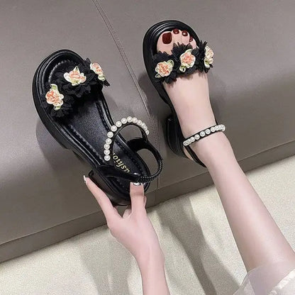 Summer One Word Sandals for Woman Diamond Women's Shoes Beach Footwear with Medium Heels Beige Platform Rhinestones F Korea