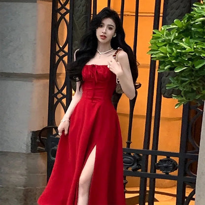 binfenxie French Elegant White Strap Midi Dress Summer New Casual Evening Party Dress Women Beach Sleeveless Lace-up Red Dress Korean