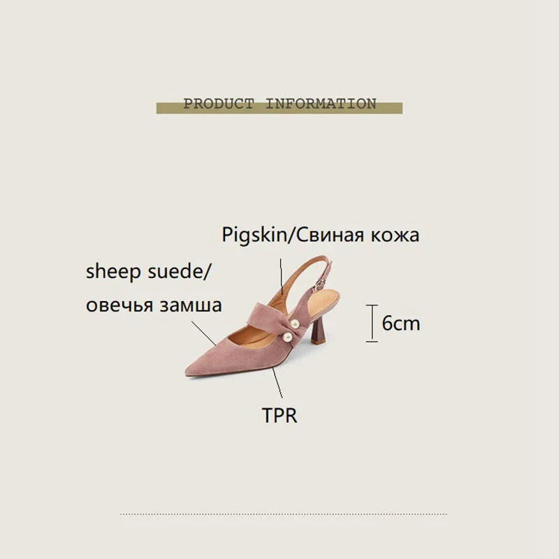 binfenxie Summer Sandals Women Sheep Suede Leather Shoes for Women Cover Toe Thin Heel Women Shoes Slingback Shoes Women Pearl Sandals