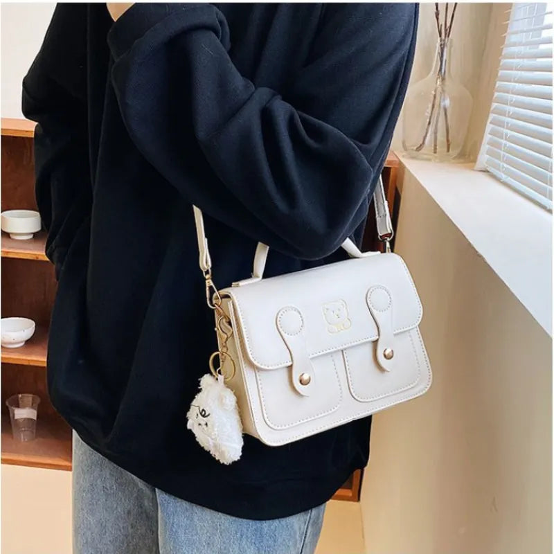 binfenxie Vintage Bear Print Handbags for Women Trendyol Cute Shoulder Bag Elegant Academy Japanese All-match Messenger Bag