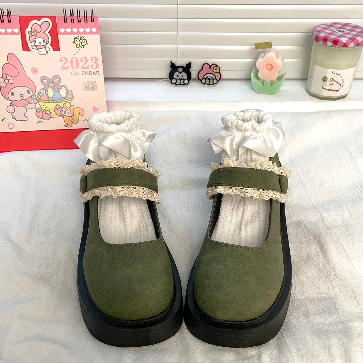 Futurecen Mary Jane Shoes Girl Green Retro Versatile College Style Small Leather Shoes Thick Sole JK Single Shoes Trend Chunky Heel Pumps