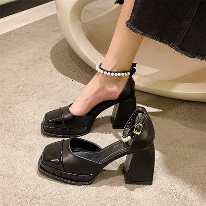 Futurecen  -  Women Heels Platform Shoes Mary Jane Shoes for Women Chunky Heels Buckle Strap Pumps Woman Thick Bottom Pearl Sandals