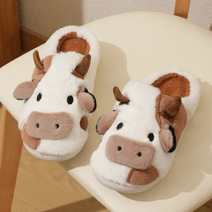 Winter Unisex Cute Cartoon Cow Warm Plush Slippers Couple's Indoor Non-slip House Slides Men Women Toe Wrap Home Cotton Shoes