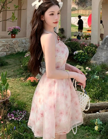 Summer Elegant Korean Sweet Pink Halter Dress Women Casual Y2K Print Chiffon Sleeveless Party Vestidos Fairy Princess Clothes