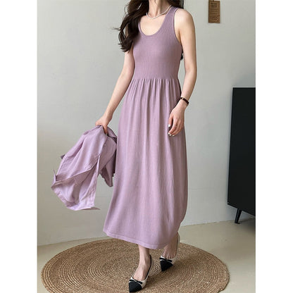 Spring Tank Dress Gentle Simple Purple Black Beige U-neck Chic Vest Knitted Dress