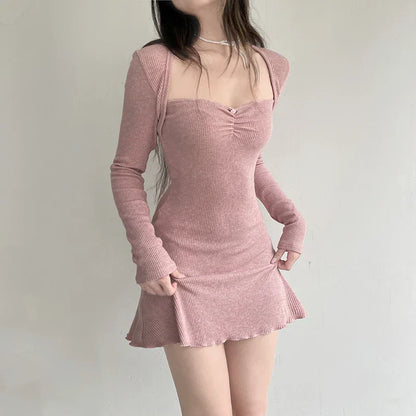 binfenxie Korean Square Neck Pink Autumn Dress Women Sweet Fold Coquette Clothes Slim Basic Knit Mini Dress Elegant Stylish New