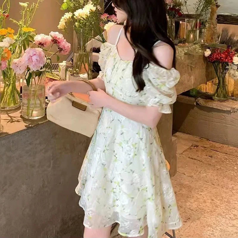 binfenxie Fairycore Floral Embroidery Dresses Female French Temperament Light Green Mini Dress Women Summer Sweet Fresh Puff Sleeve Dress