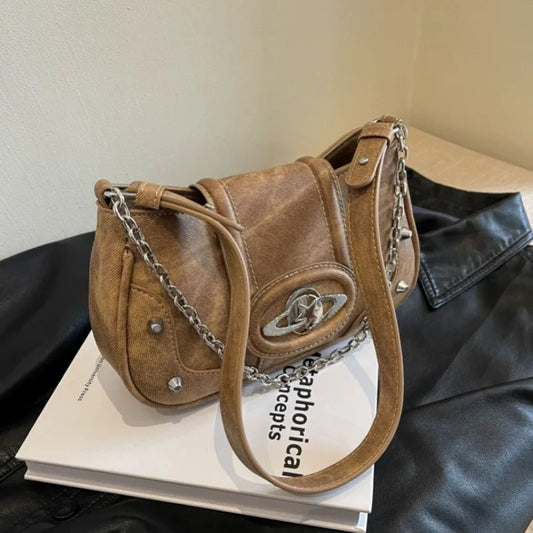 binfenxie Y2k Chains Women Shoulder Bag Vintage Gothic Aesthetic Designer Leather Crossbody Bag Casual Luxury Fashion Female Handbag