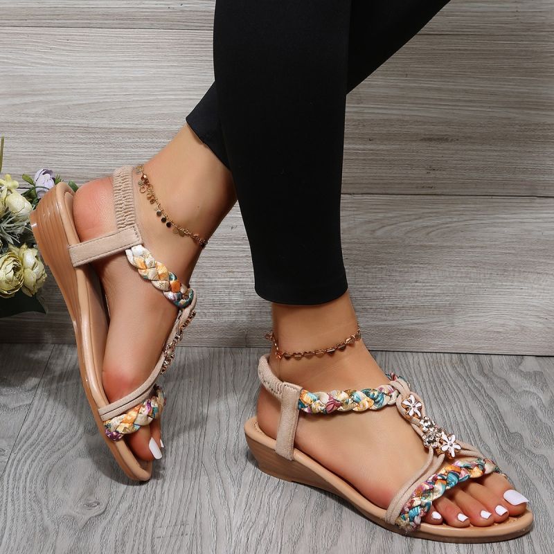 Women Wedges Bohemian Sandals Summer Flower Non Slip Beach Sandalias Mujer Elastic Band Low Heels Roman Shoes Woman