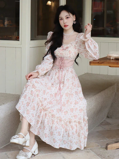 binfenxie Spring Pink Floral Elegant Dress Women Bandage Lace Print Sweet Vintage Dress Puff Sleeve Kawaii Dress Women Princess Fairy