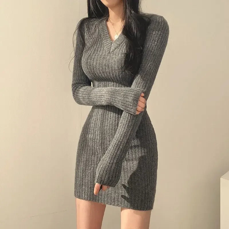 binfenxie Women Knit Slim Sexy Bodycon Dress V-Neck Long Sleeve Dress Solid Casual Midi Sweater Dress For Women Autumn Winter