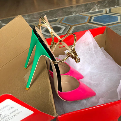 Futurecen  Glossy Fusion Pink Women Ankle Buckles Close Toe Backless Stiletto Sandals 8cm 10cm 12cm High Heels Sexy Ladies Pumps