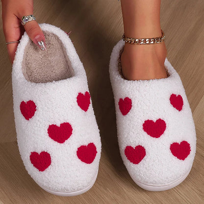 Women's Warm Lambswool Slippers Heart Printed Plush Home Slippers Shoes for Women Non Slip Soft Bottom Slides Ladies