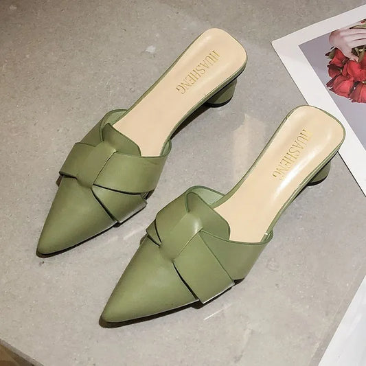 Shoes for Women Green Woman Slippers Job Leather Slides Mules Sandals Pointed Toe Summer High Up To 5cm Heel New Style Pvc