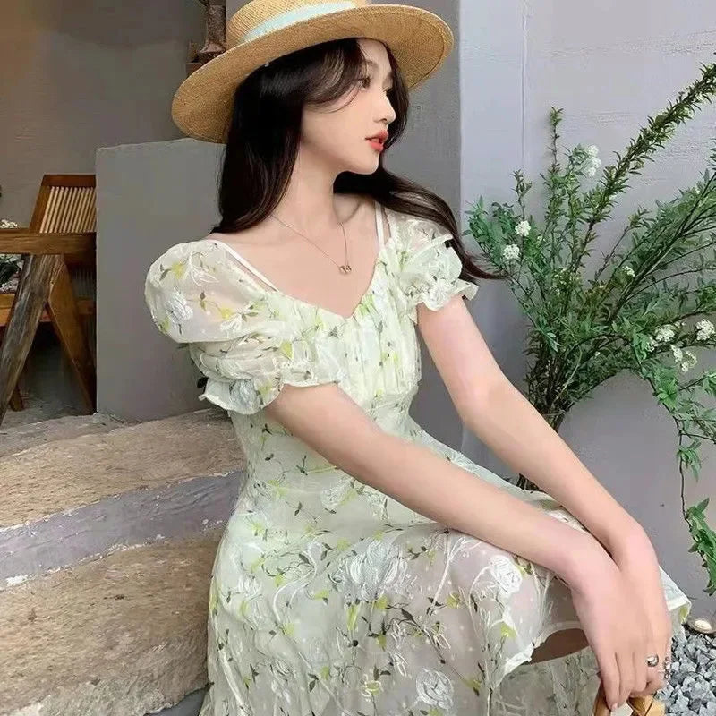 binfenxie Fairycore Floral Embroidery Dresses Female French Temperament Light Green Mini Dress Women Summer Sweet Fresh Puff Sleeve Dress