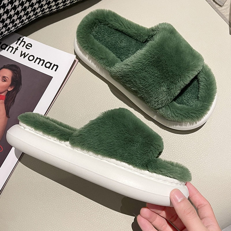 Fluffy Fur Home Slippers Women Winter  Non-slip Indoor Floor Shoes Thick Bottom Home Cotton Furry Slippers Flip Flops