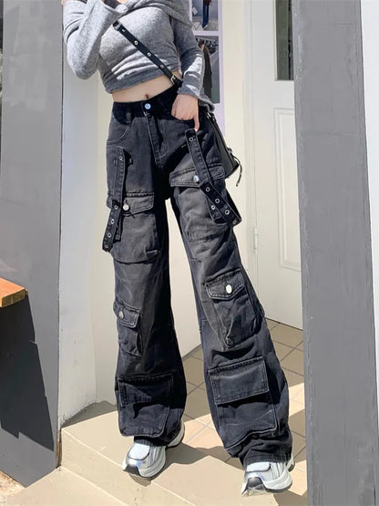 binfenxie 2000S Clothes Y2K Streetwear Washed Black Baggy Cargo Jeans Pants For Women Wide Leg Multi Pockets Straight Loose Lady Trousers