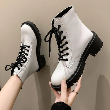 White Chunky Platform Combat Boots Women Back Zipper Pu Leather Ankle Boots Woman Punk Thick Bottom Motorcycle Botas Mujer