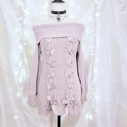 Cottage Fairy 00s Vintage Knitted Dress Japanese Off Shoulder Pullovers Mini Dress Fairy Y2K Kawaii Tie Up Retro Sweater Dress