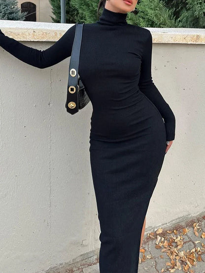 binfenxie Sexy Party Maxi Dress For Women Autumn Black Long Sleeves Casual Bodycon Turtleneck Dress Solid Fashion Club Slim Elegant Dress