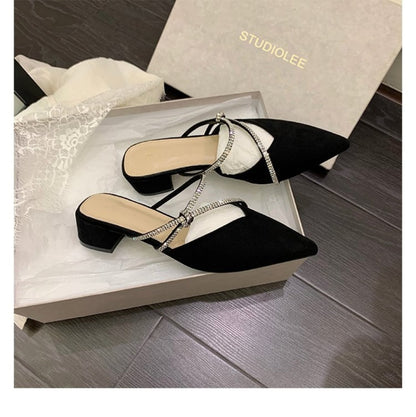 Woman Slippers Summer Shoes Mules Block Heels for Women Elegant Medium Heel Luxury Designer Black Rhinestone Party Comfortable