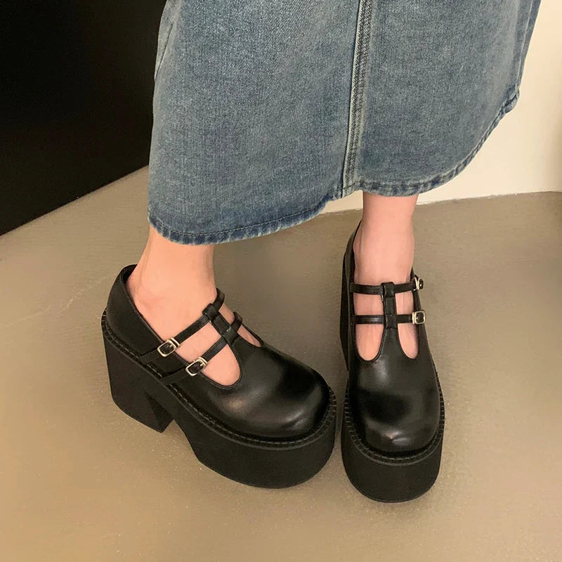 Futurecen Buckle Platform Lolita Gothic Shoes Woman Spring College Style Genuine Leather Pumps Women Japan School Uniform Shoes Thick Heel