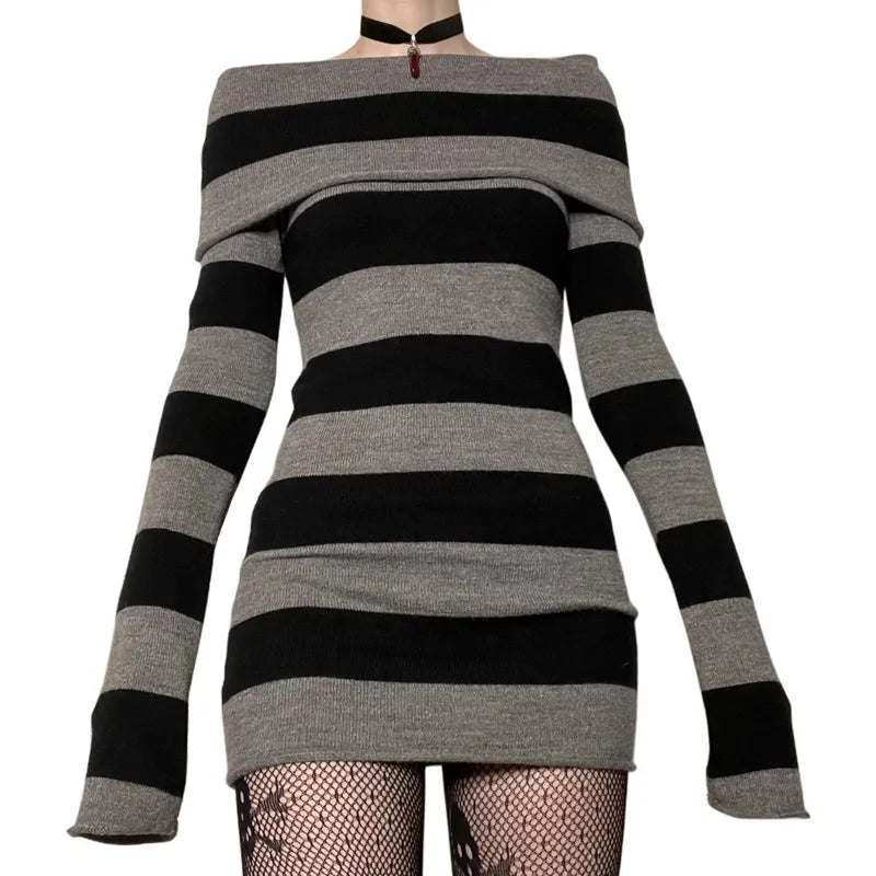 binfenxie Y2K Striped Sweater Mini Dress Mall Goth Grunge Emo Bodycon Chic Women Off Shoulder Full Sleeve Slim Fit Dresses 00s Vintage