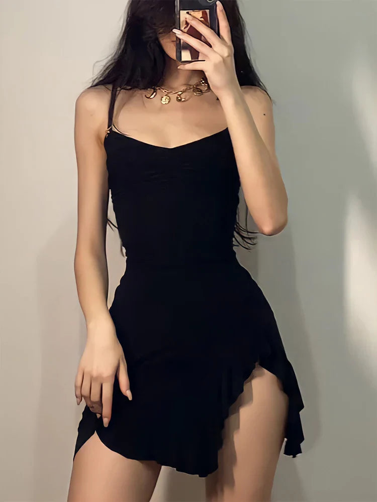 binfenxie Summer Sexy Mini Dress Women Sleeveless Strap Streetwear Backless Folds Bodycon Split Black Dress Party Elegant A-LINE Dresses