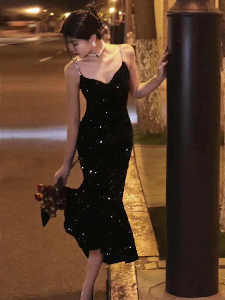 Elegant Sequin Night Club Dresses for Women Sexy Backless Spaghetti Strap Summer Vestidos Vintage Solid Slim Midi Dress Spring