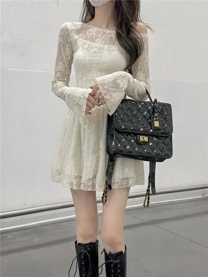 Korean milk apricot color waisted A-line skirt women gentle wind temperament sexy lace dresses