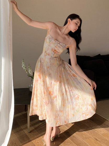 Summer Floral Chiffon Long Women Dress Elegant Vintage Holiday Princess Vestidos New Spaghetti Strap Slim Beach Clothes Robe