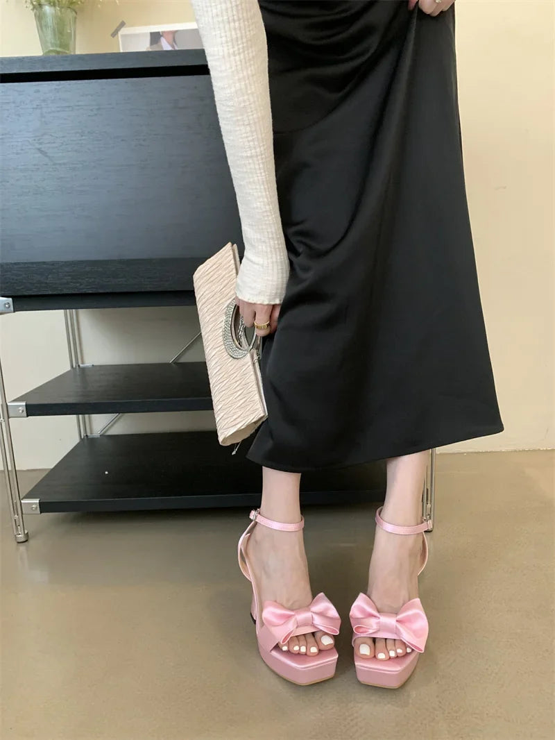 binfenxie  2024 New Brand Super High Heels Sexy Sandals Fashion Pink Silk Bowknot Square Open Toe Chunky Platform Shoes Women Pumps