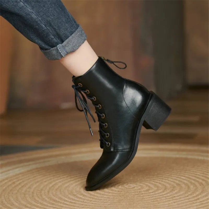 New Autumn/Winter Split Leather Women Boots Round Toe Chunky Heels Boots for Women Short Boots Zapatos Mujer Lace High Heels