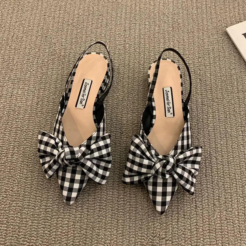 Women's Pumps Fashion Pointed Toe Bowknot Slingbacks Pumps Plaid Polka Dots Heels Slip-on Small Heel Sandals Casual Thin Shoes