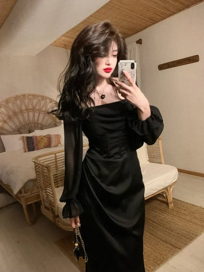 Vintage Wedding Party Midi Dresses for Women Spring New Square Collar Long Sleeves Elegant Fashion Evening Prom Female Clothing