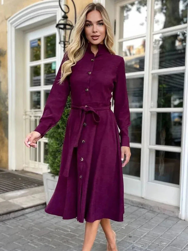 binfenxie  -   Long Sleeve Elegant Party Dresses Women Button Knee Length Lady Dresses Women Shirts A Line Dresses Autumn New