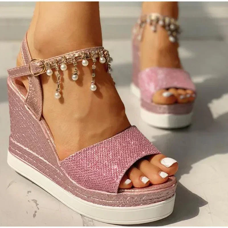 New Women Wedge Sandals Summer Bead Studded Detail Platform Sandals Buckle Strap Peep Toe Thick Bottom Casual Shoes Ladies